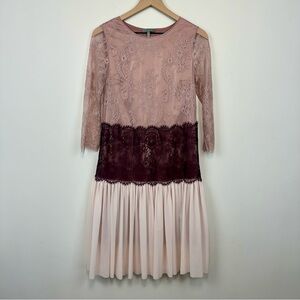 Amoralle Lace & Silk Blush Pink & Plum Drop Waist Dress, S